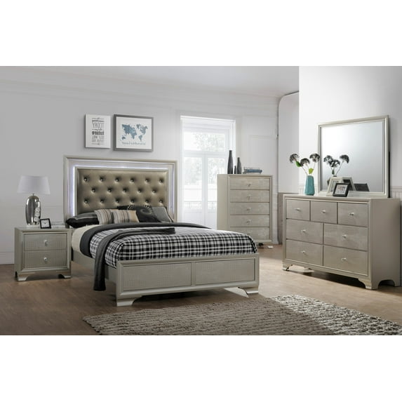 Modern Champagne Faux Finish 6pc Queen Size LED Headboard Bed Dresser Mirror Nightstand Chest Wooden Bedroom Storage Furniture Set