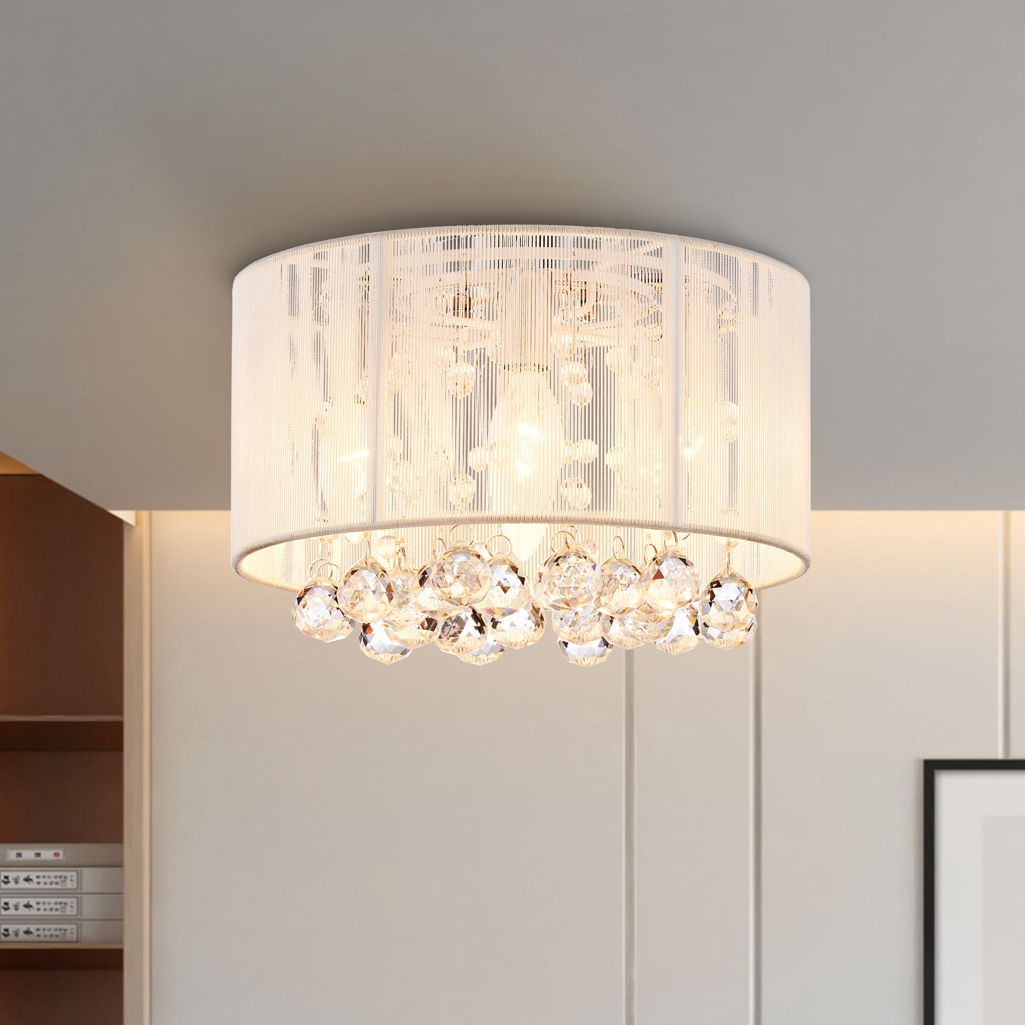 Modern Chandelier for Dining Room Master Bedroom Decor, Crystal Dining Room Light Fixture with K9 Crystal Beads and String Netted Drum Shade, Semi Flush Small Chandelier Ceiling Light