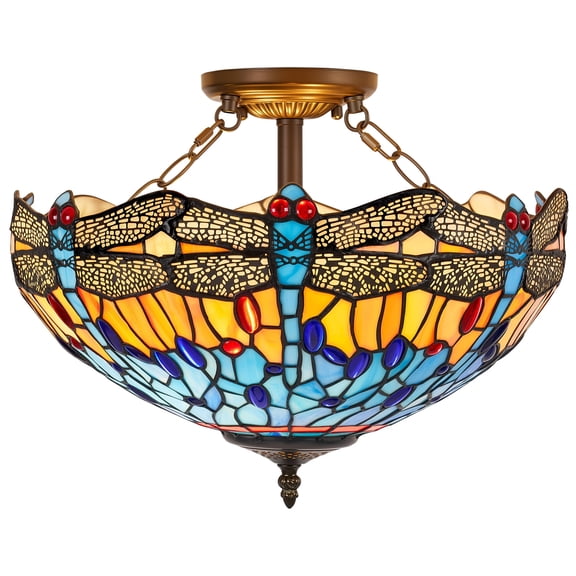 VIXNORYT 16 Inch Stained Glass Flush Mount Ceiling Light for Indoor Bedroom Kitchen, 2-Light LED