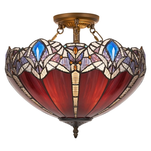 VIXNORYT Retro minimalist Semi-Flush Mount Ceiling Light with 16" Stained Glass Shade, LED Bulbs Included for Kitchen Bedroom Foyer