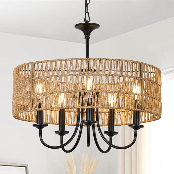 Modern Chandelier Light Fixtures, 5-Lights Large Rattan Pendant Lighting with Hand Woven Wicker Shade, Boho Black Chandeliers for Dining Room (Bulb Not Included)