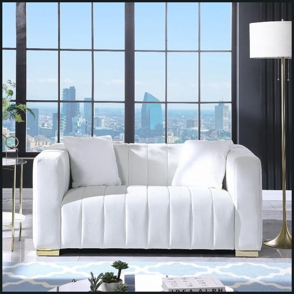 Modern Channel-Tufted Chesterfield Loveseater in White Velvet Stylish Living Room Sofa with Plush Comfort
