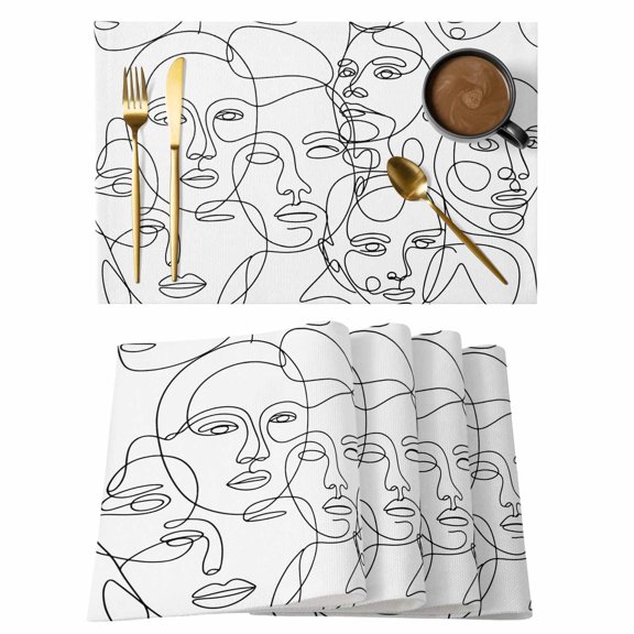 Modern Character Face Abstract Line Arts Placemats Set of 6,Wipeable Washable Table Mats for Dining Tables, White Place Mats for Kitchen Event Party Tabletop Decor