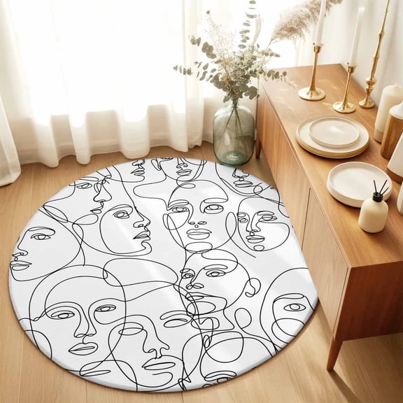 Modern Character Face Abstract Line Arts Round Area Rug 3ft,Living Room Rug Non-Slip Washable Circle Rugs Pad,White Soft Floor Carpet for Bedroom Dining Room