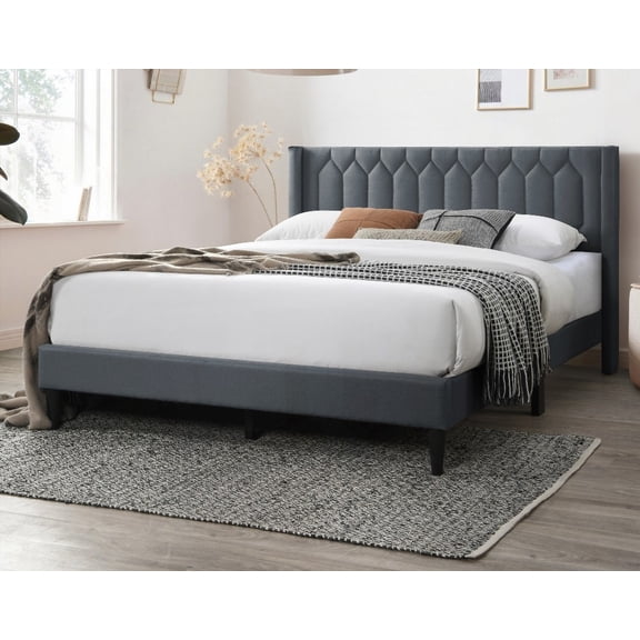 Modern Charcoal Burlap Queen Bedframe - Diamond Design Headboard