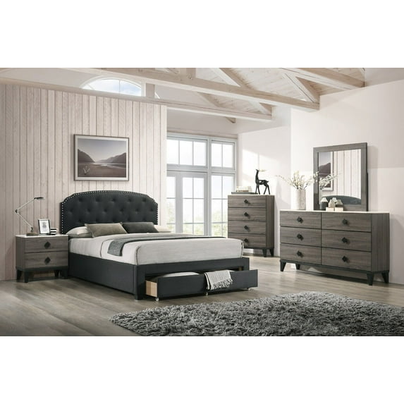 Modern Charcoal Full Size Bed Dresser Mirror 2x Nightstands Chest 6pc Bedroom Set Tufted Burlap Fabric Storage FB
