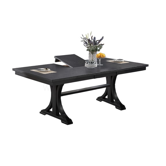 Modern Charcoal Wood Dining Table with Extension Leaf, Trestle Base Rectangular Table for 6 Seats