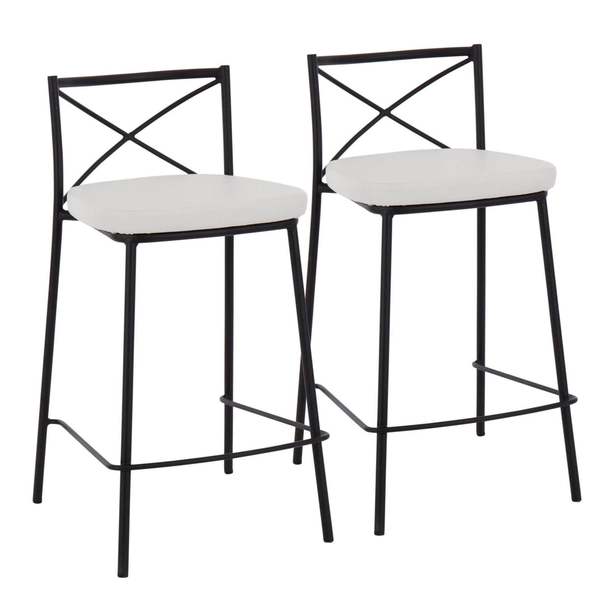 Charlotte 25" Black Metal and White Faux Leather Counter Stool Set