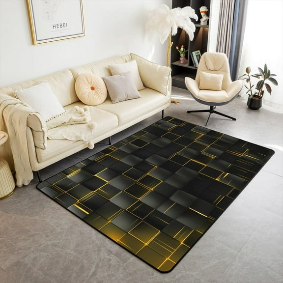 Modern Checker Plaids Area Rug,Geometric Squares Splicing Indoor Floor Mat For Kids Adults,Yellow Neon Lights Minimalism Black Playroom Bedroom Bedside Carpet For Decoration 5x6ft