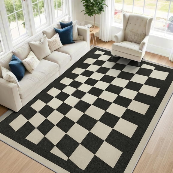 Modern Checkered Area Rugs, Black White Grid Pattern Carpet, Washable Non Slip Low Pile Soft Rug for Living Room Bedroom Decor Mat 2x3ft
