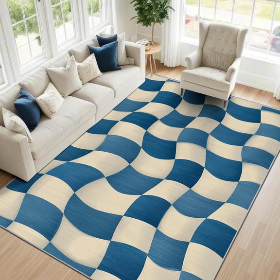Modern Checkered Area Rugs, Blue White Coastal Grid Carpet, Washable Non Slip Low Pile Soft Rug for Living Room Bedroom Decor Mat 2x3ft