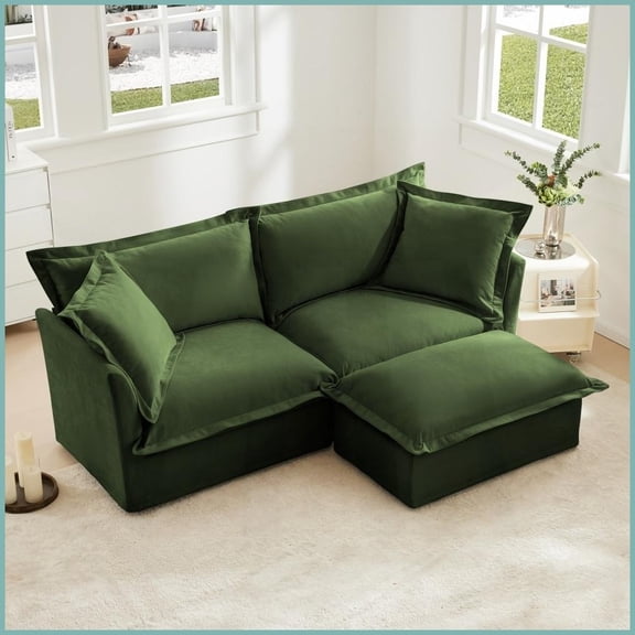Modern Chenille 2-Seat L-Shaped Sectional Sofa with Convertible Ottoman for Living Room – Detachable Cover & Soft Pillows, Green