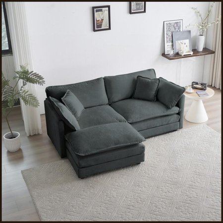 Modern Chenille 2-Seater L-Shaped Sectional Sofa with Ottoman for Small Living Spaces, Gray