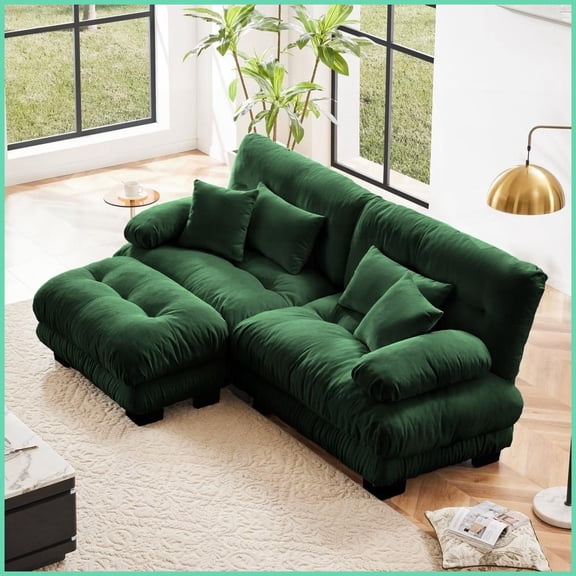 Modern Chenille 2-Seater Sectional Sofa with Convertible Ottoman - Green Upholstered Living Room Couch with Lumbar & Throw Pillows