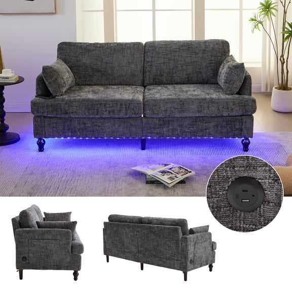 Modern Chenille 2-Seater Sofa with LED Lights & USB Charging - Gray Living Room Furniture, 68.9" W, Built-in Storage