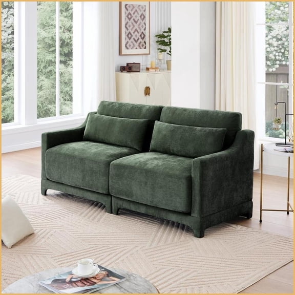 Modern Minimalist Chenille 2-Seater Sofa with Lumbar Pillows Fits Living Room, Bedroom, Reading Nook | Green | Chenille | Wood