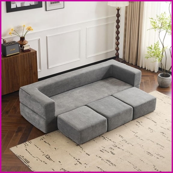 Modern Chenille 3-Seat Convertible Sectional Sofa with 3 Footrests - High Rebound Foam Sleeper for Studio Apartments & Home Offices, Grey
