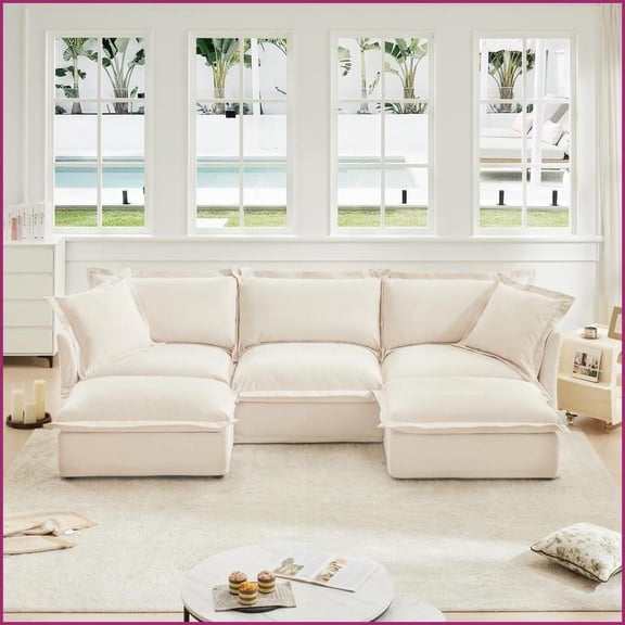 Modern Chenille 3-Seat U-Shape Sectional Sofa for Living Room | Cushion Back | Flared Arms | Beige