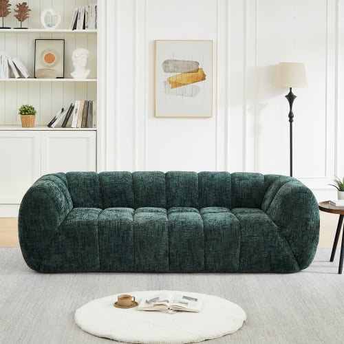 Modern Chenille 3-Seater Cloud Sofa, Deep Seat Quilted Cushion Sofa with Checkered Pattern and Curved Armrests for Living Room, Apartment, Green