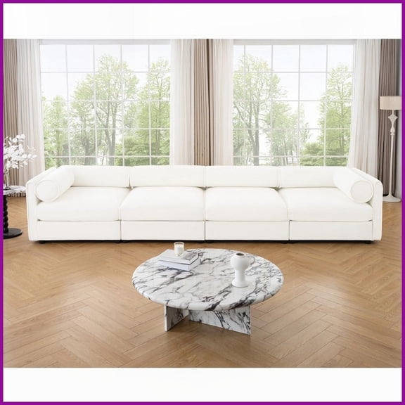 Modern Chenille 4-Seat L-Shaped Modular Sectional Sofa with Storage & Ergonomic Cylindrical Backrest for Living Room - White