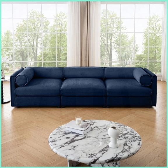 Modern Chenille 4-Seat Modular Sectional Sofa with Storage & Cylindrical Support - Blue for Living Room