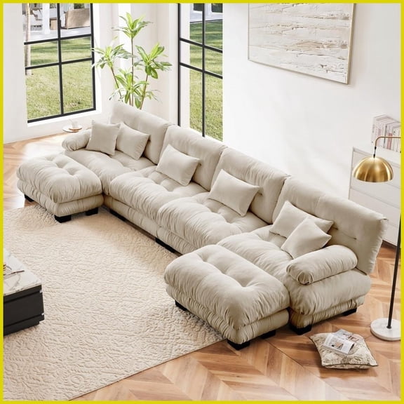 Modern Chenille 4-Seater U-Shaped Modular Sectional Sofa with 2 Ottomans - Light Coffee Living Room Couch, Cloud-Like Comfort