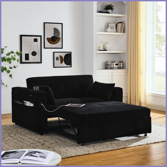 Modern Chenille 54 Double Pull-Out Sleeper Sofa with Storage & USB Perfect for Apartments/Living Rooms