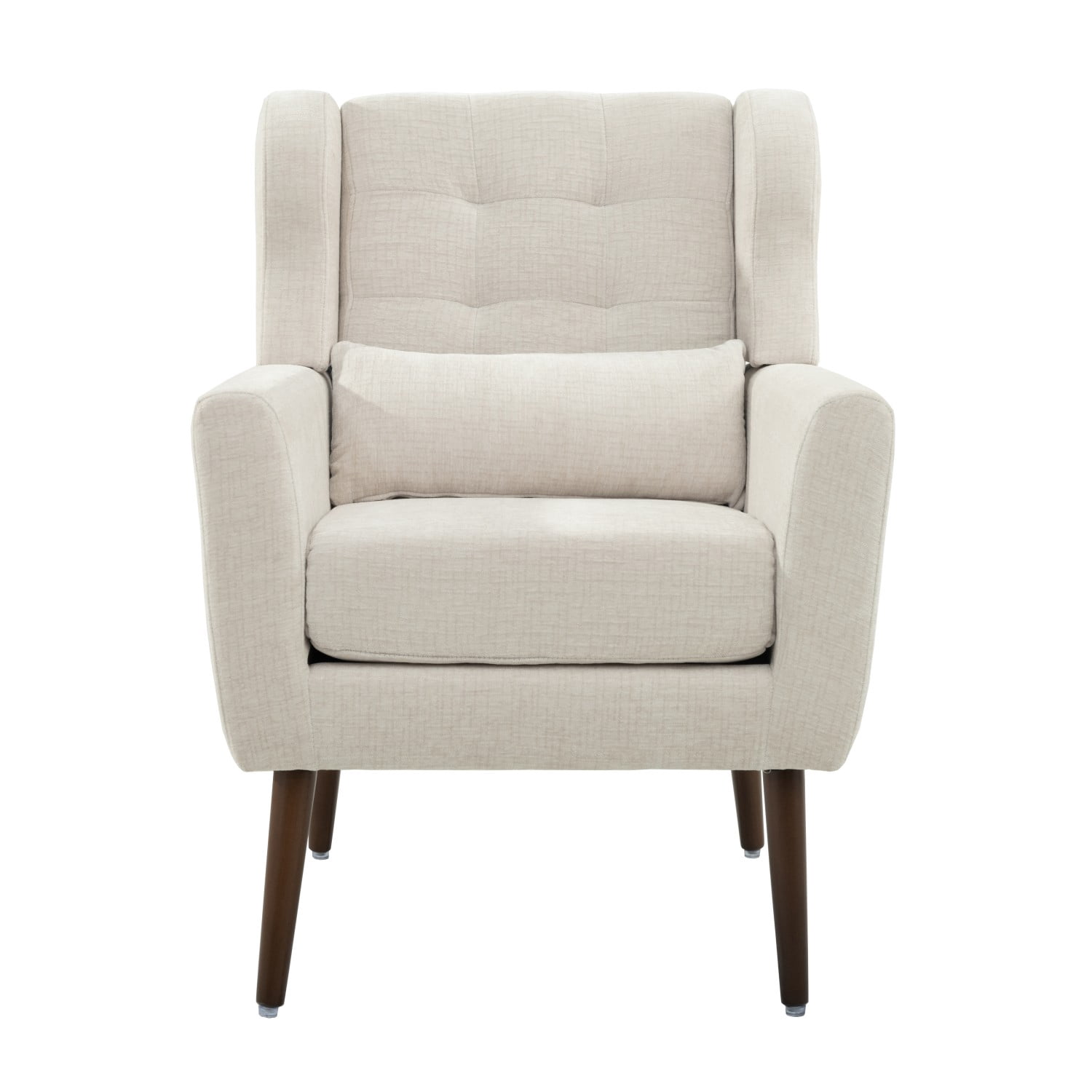 Modern Chenille Accent Chair with Pillow, Upholstered Armchair with Solid Wood Legs, Ergonomic Lounge Chair for Living Room, Bedroom, Reading Room, Small Space, Beige