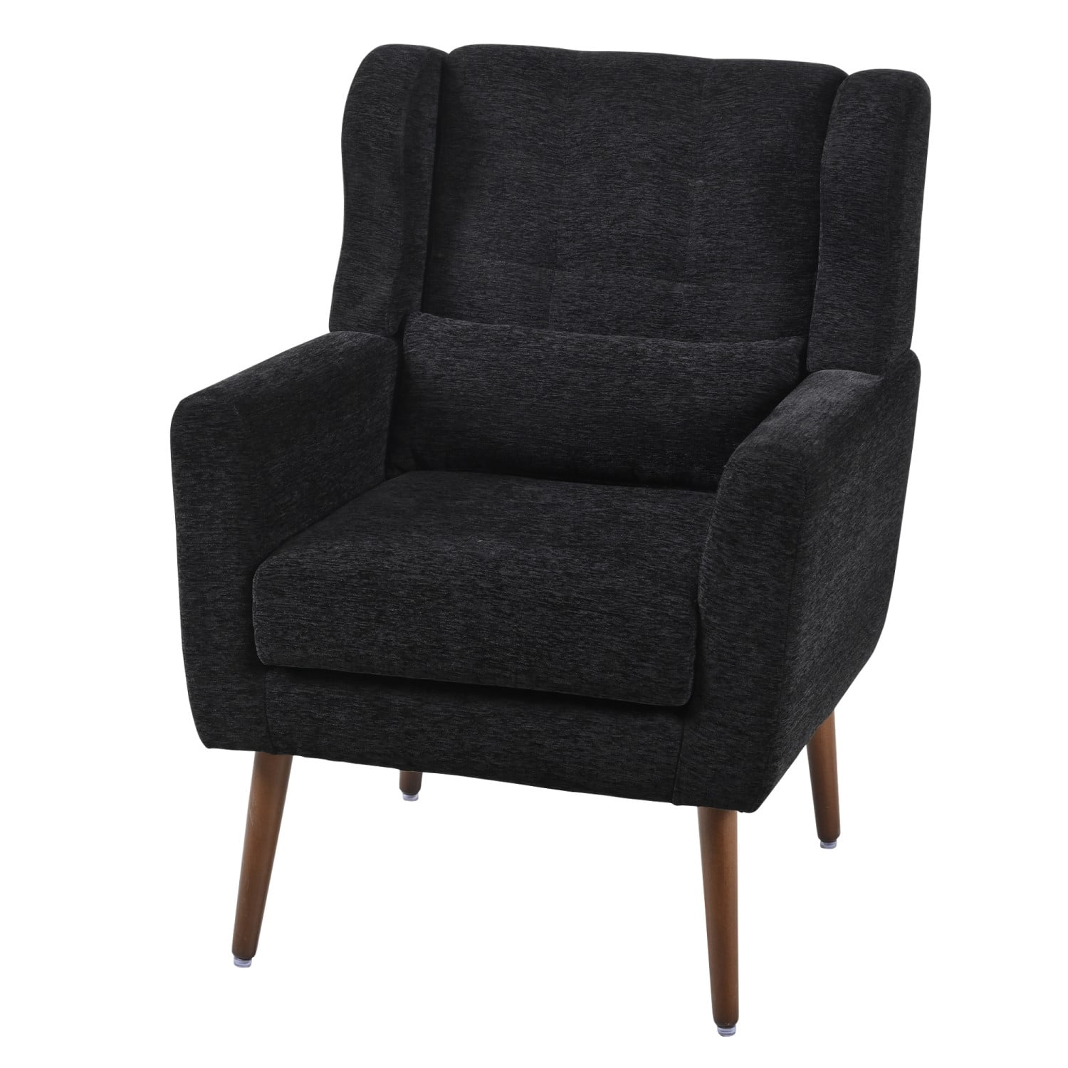 Modern Chenille Accent Chair with Pillow, Upholstered Armchair with Solid Wood Legs, Ergonomic Lounge Chair for Living Room, Bedroom, Reading Room, Small Space, Black