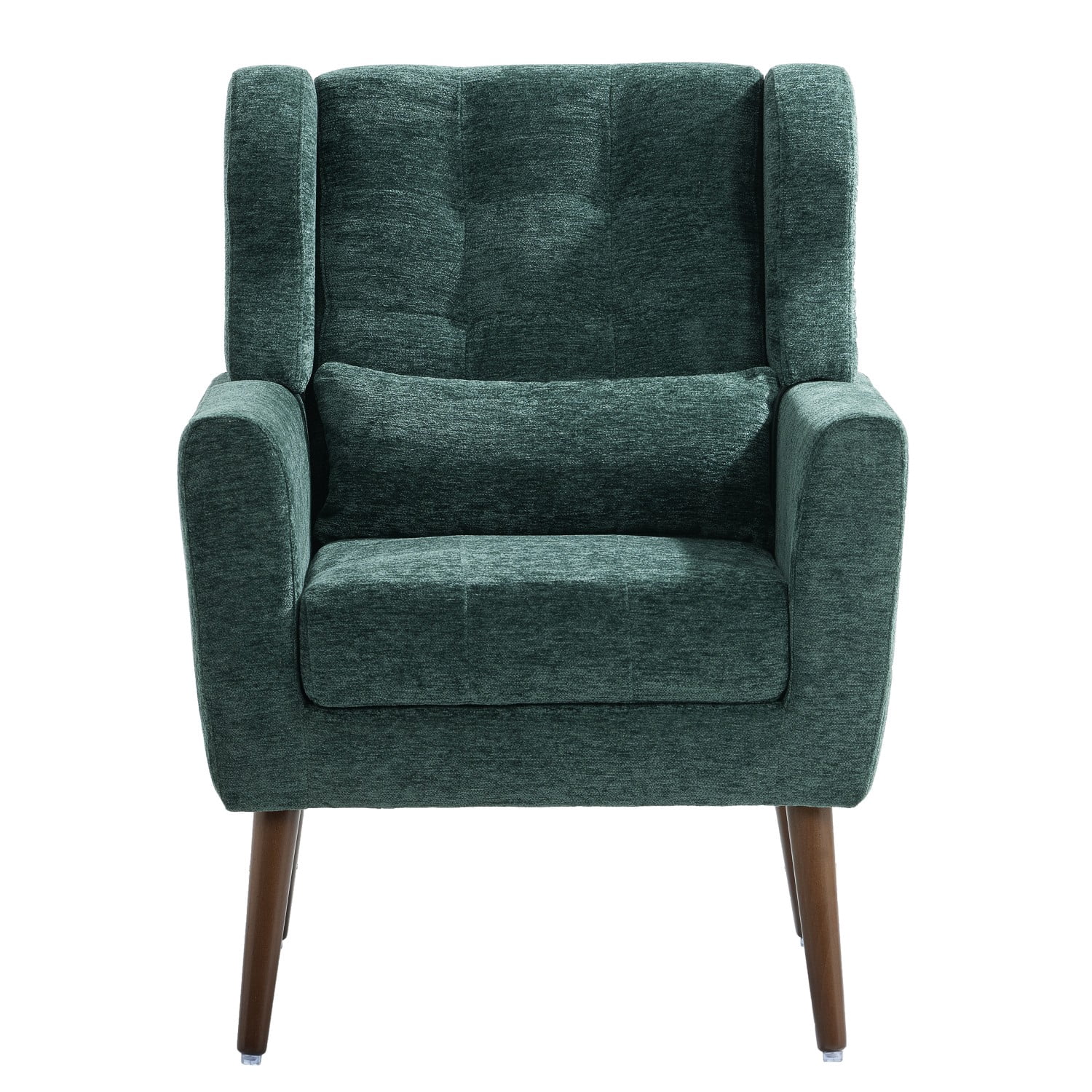 Modern Chenille Accent Chair with Pillow, Upholstered Armchair with Solid Wood Legs, Ergonomic Lounge Chair for Living Room, Bedroom, Reading Room, Small Space, Blackish Green
