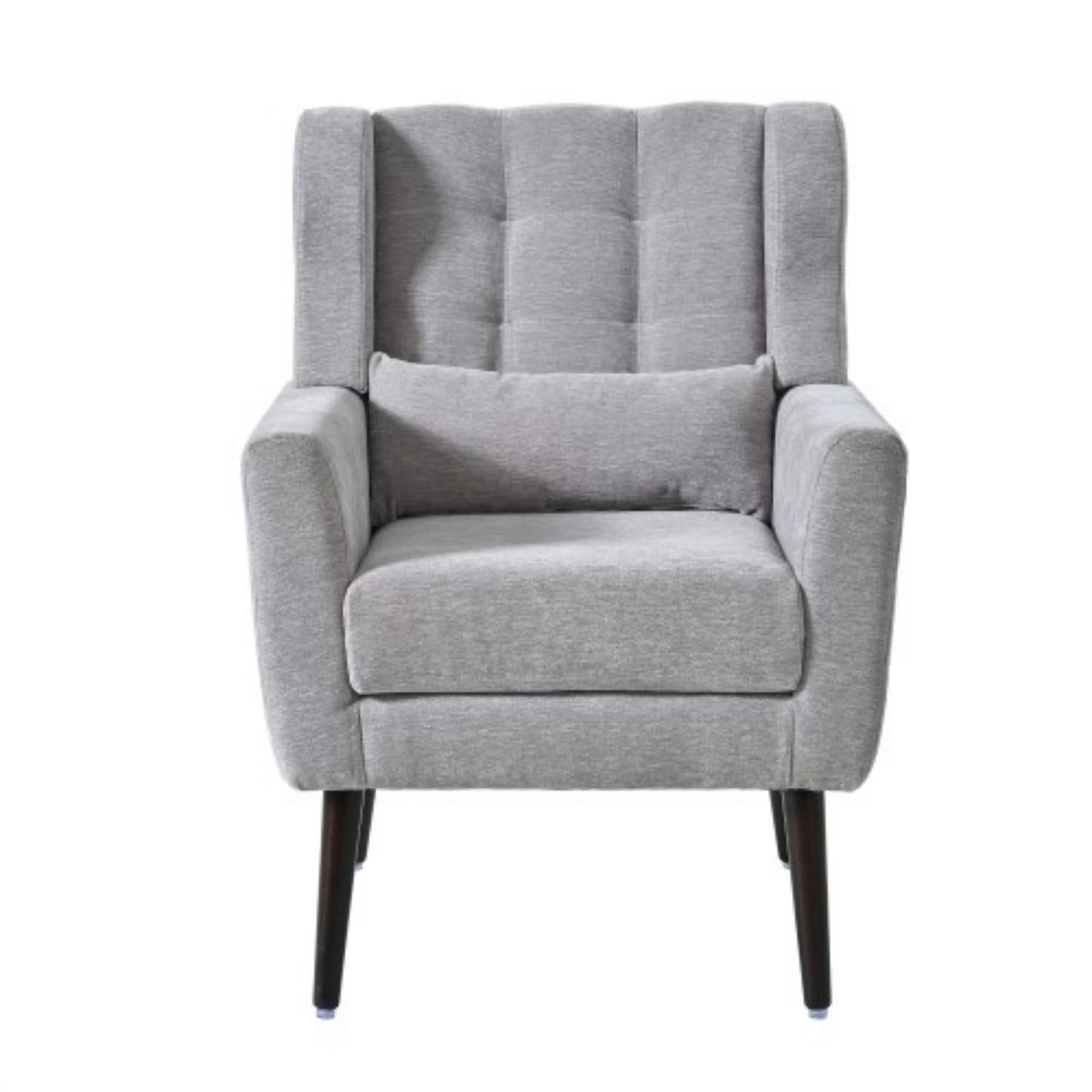 Modern Chenille Accent Chair with Pillow, Upholstered Armchair with Solid Wood Legs, Ergonomic Lounge Chair for Living Room, Bedroom, Reading Room, Small Space, Grey