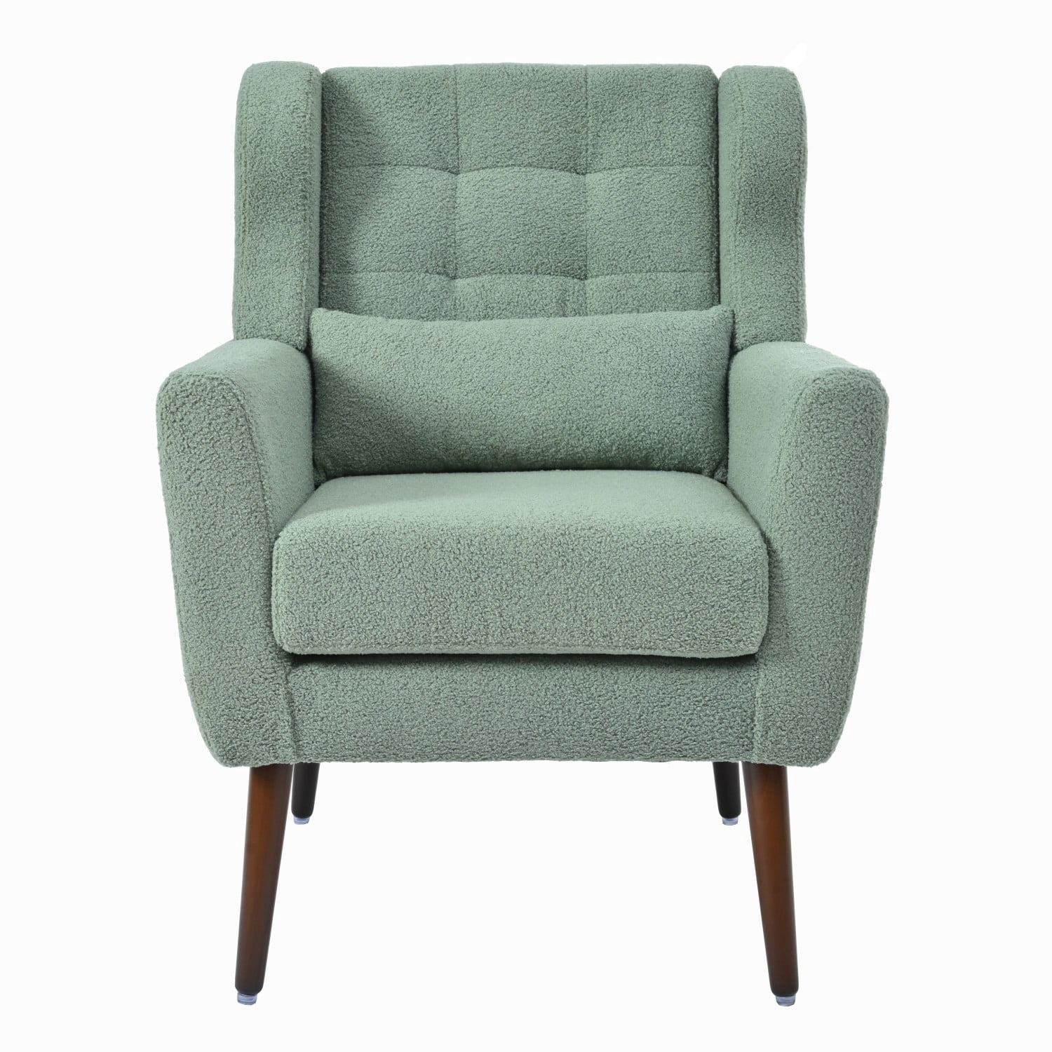 Modern Chenille Accent Chair with Pillow, Upholstered Armchair with Solid Wood Legs, Ergonomic Lounge Chair for Living Room, Bedroom, Reading Room, Small Space, Light Green