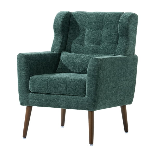 JAMPOOCA Modern Accent Arm Chairs, Upholstered Chenille Sigle Sofa Side Leisure Chair with Backrest & Pillow for Living Room, Bedroom,Office, Blackish Green