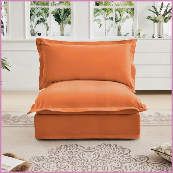 Modern Chenille Armless Sofa with Removable Covers - Orange, Ideal for Living Room