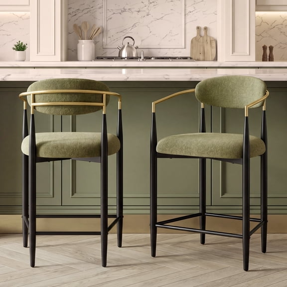 Modern Chenille Counter Height Bar Stools Set of 2, Upholstered Bar Chairs with Gold Armrests, 26"H Cushioned Metal Frame Kitchen Island Chairs, Green