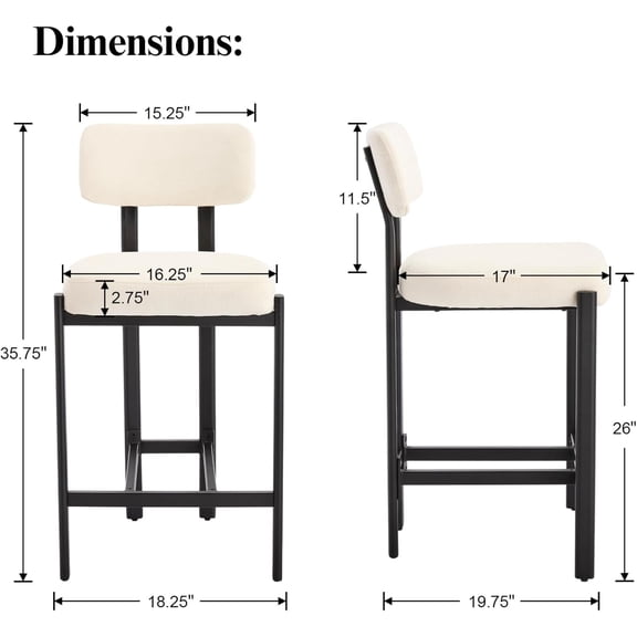 Modern Chenille Counter Stools Set of 2, Upholstered 26 Inch Height Low Barstools with Black Metal Open Back Dining Stools with Footrest for Home Pub Kitchen Beige