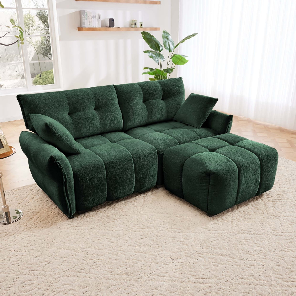 Image showcasing Modern Chenille Fabric 2-Seater Sofa With Ottoman - Minimalist Design ...
