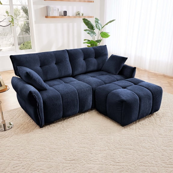 Modern Chenille Fabric 2-Seater Sofa with Ottoman - Minimalist Design with Textured Fabric - Ideal for Living Room, Apartment or Dorm - Blue