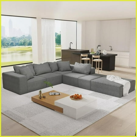 Modern Chenille L-Shaped Sectional Sofa - 132" Modular Couch with 6 Pillows for Living Room, No Assembly Required