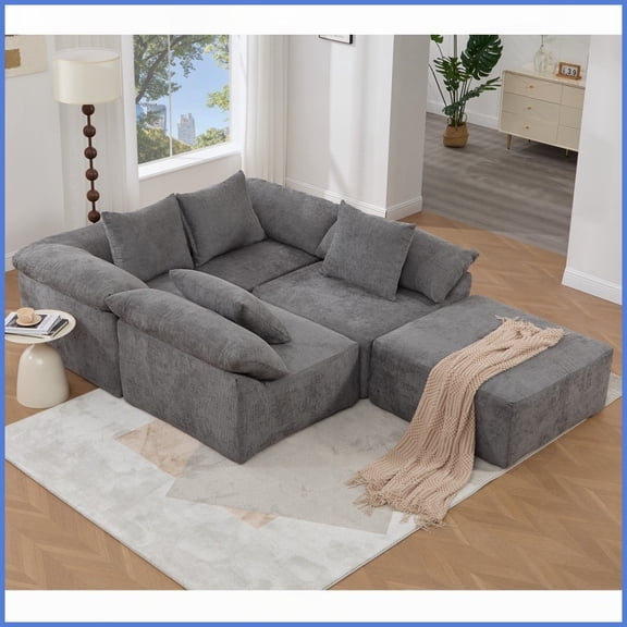 Modern Chenille L-Shaped Sectional Sofa, 5-Seat with Ottoman, Convertible Sleeper & Free Combination for Living Room
