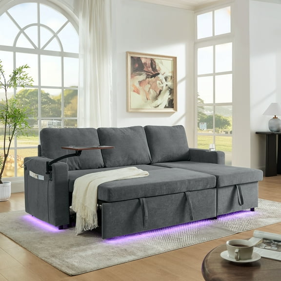 Modern Chenille 3-Seater Pull-Out Sofa Bed, 85" Gray - Retractable Table, USB Ports, Cup Holder, LED Lights for Living Room