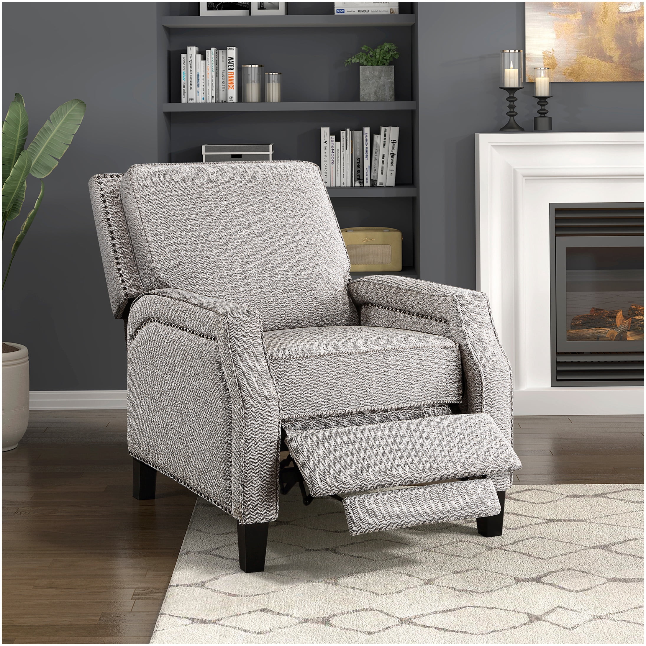 Modern Chenille Push-Back Recliner Chair - Beige Brown Transitional Self-Reclining Motion Seat for Living Room