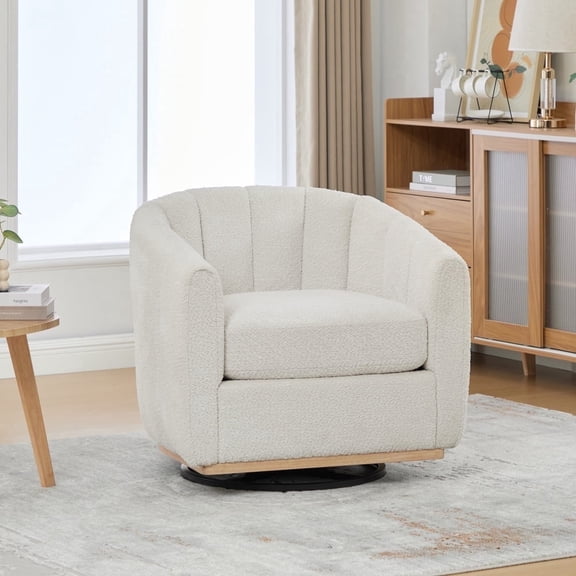 Modern Chenille Swivel Barrel Chair, 360° Rotation Armchair, Club Accent Chair for Small Spaces, Tufted Pumpkin-Shape Design with Metal Base