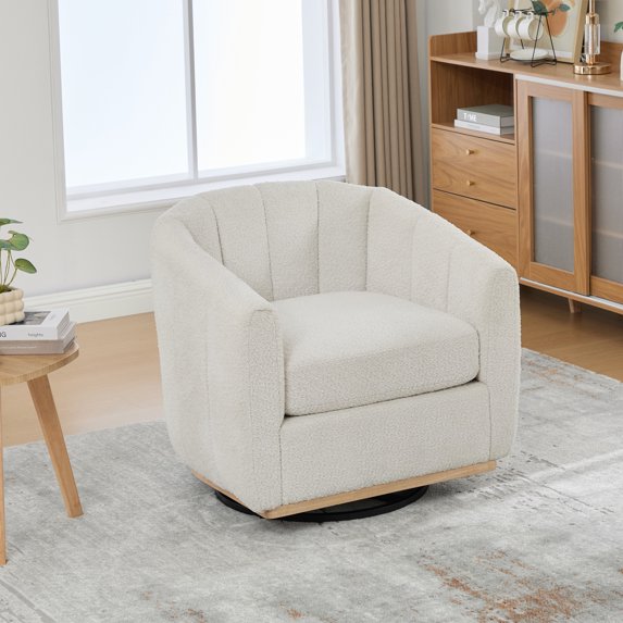 32" Wide Modern Chenille Swivel Barrel Chair, Ivory - Tufted Pumpkin-Shape Club Armchair for Living Room, Bedroom, Office - 360° Rotation, High-Density Foam, Durable Metal Base