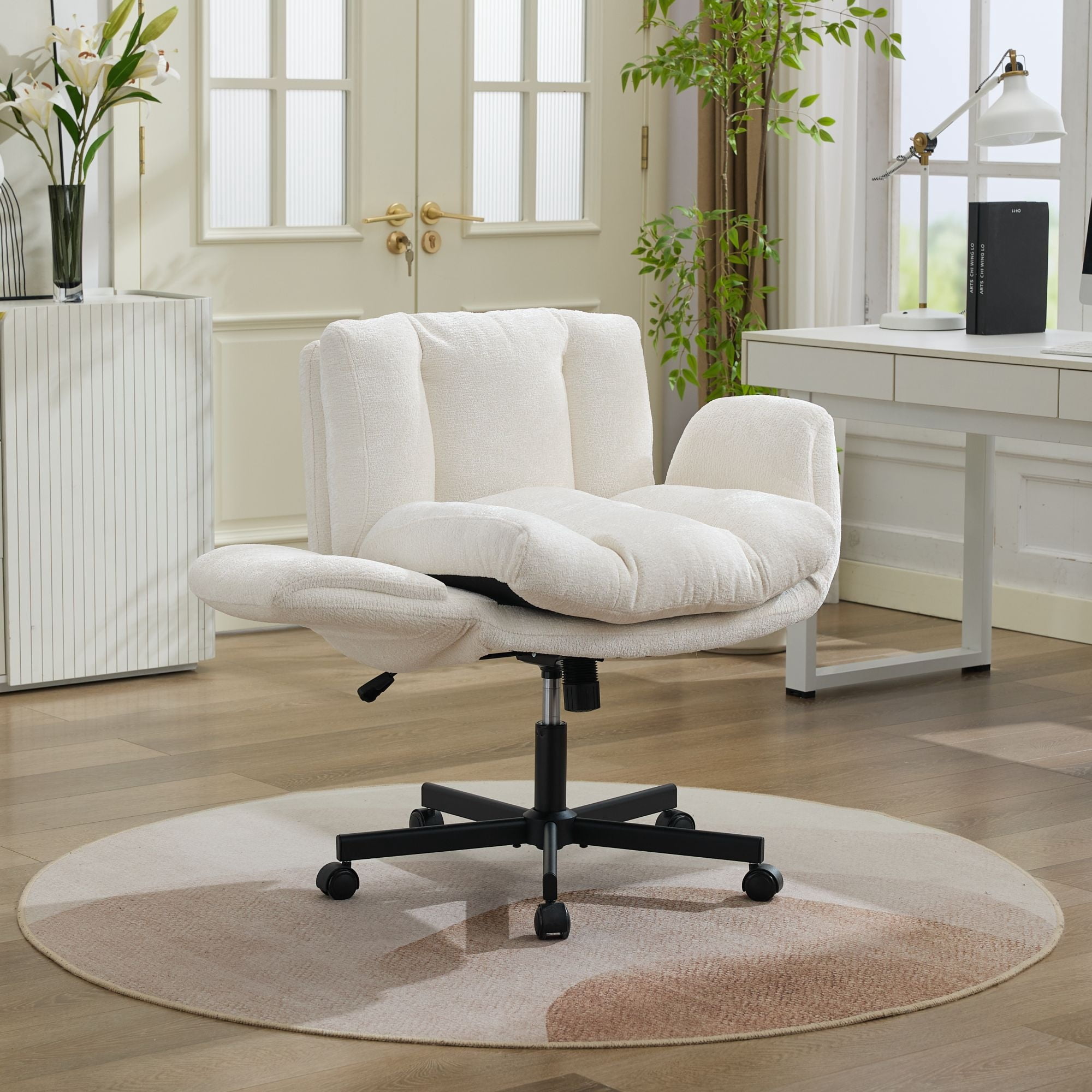 Modern Chenille Swivel Office Chair with Convertible Armrests and Double Cushion, Adjustable Height Desk Chair and Vanity Seat for Home, Beige