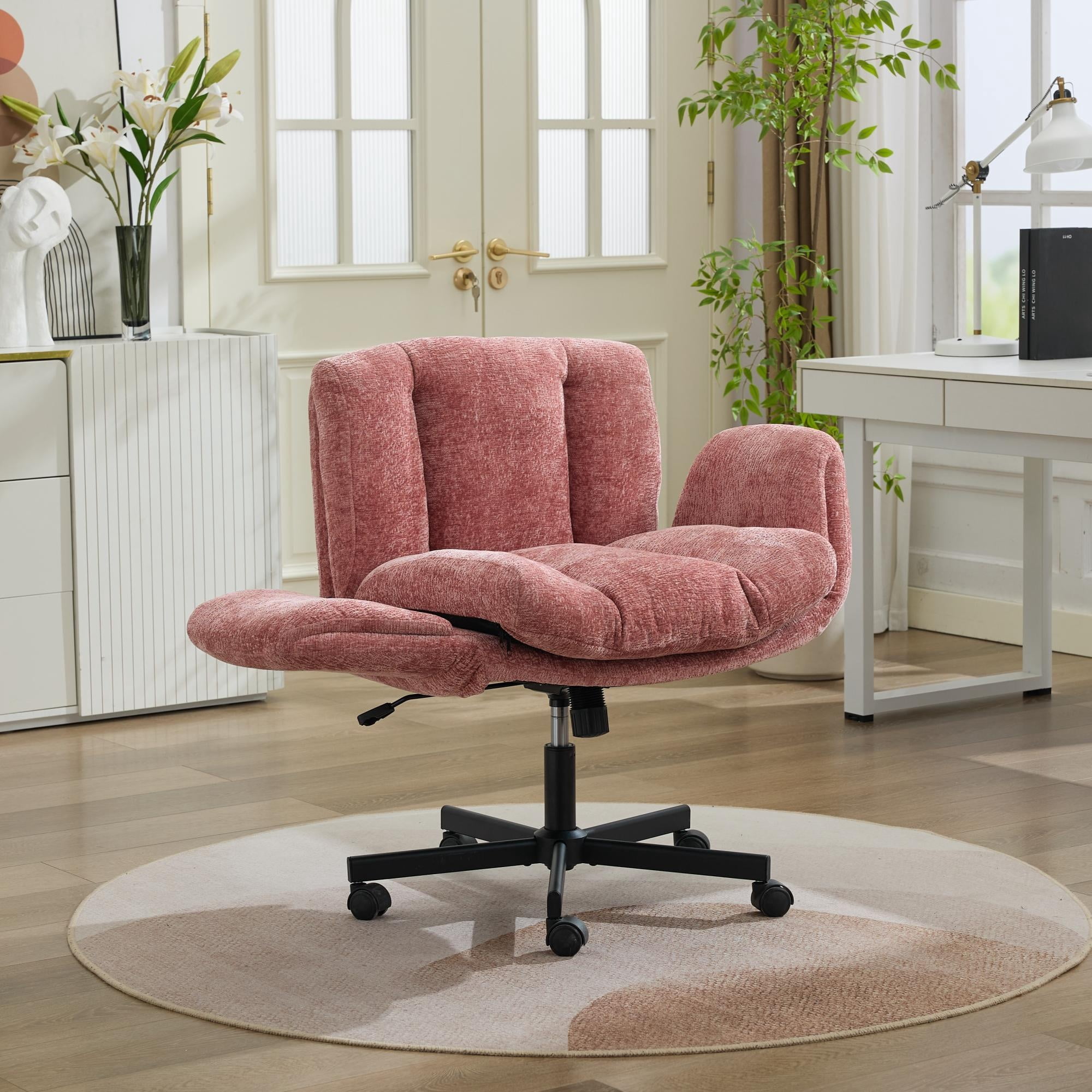 Modern Chenille Swivel Office Chair with Convertible Armrests and Double Cushion, Adjustable Height Desk Chair and Vanity Seat for Home, Pink