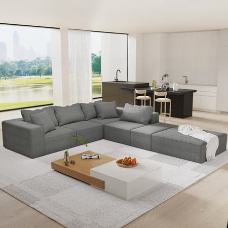 Modern Chenille Upholstered 132"L Shaped Sectional Sofa Set with 6 Pillows,Free Combination,Comfortable