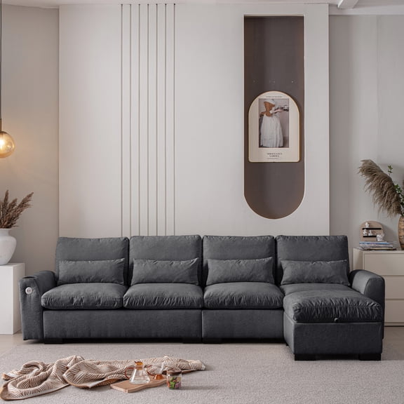 Modern Chenille With Reversible , Drink Holder & Foam Filling L Shaped Couch Cup And Frame