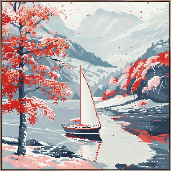 Modern Cherry Flower River Sunset DIY 11CT Stamped Cross Stitch Kits for Beginners Easy Needlepoint Embroidery Counted Cross Stitch Art Craft for Wall Decoration 14x14inch(4)