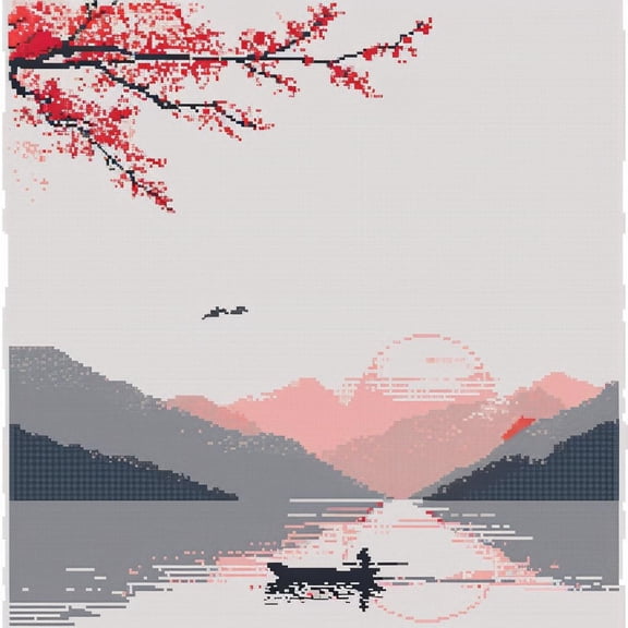 Modern Cherry Flower River Sunset DIY 11CT Stamped Cross Stitch Kits for Beginners Easy Needlepoint Embroidery Counted Cross Stitch Art Craft for Wall Decoration 14x14inch(6)